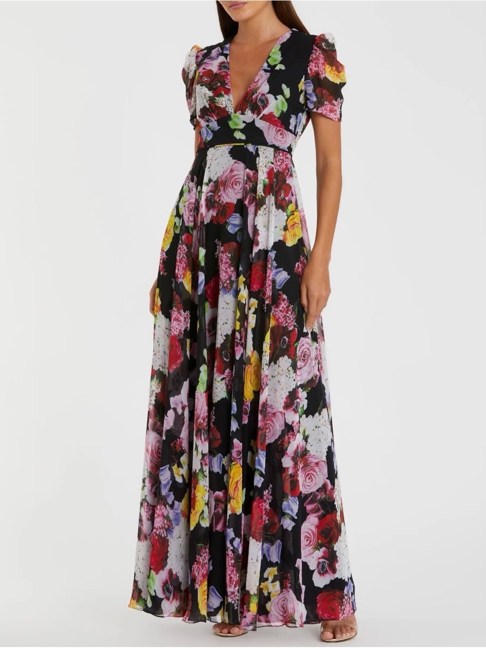 Black Floral Print Mesh Short Sleeve Gown